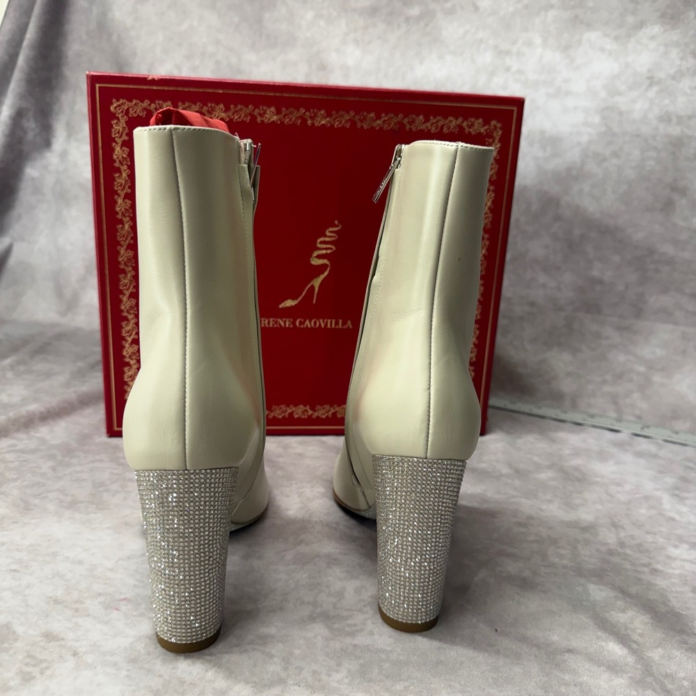 Rene Caovilla Nina Ivory Calf Leather Strass Crystal Heel Ankle Boots 38 NEW - Picture 3 of 9